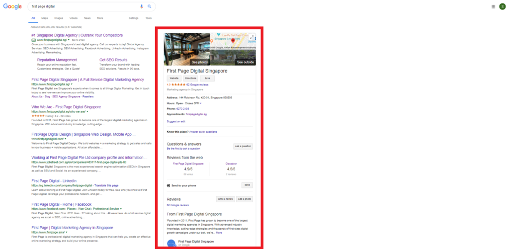 Example of First Page Digital Google My Business Page