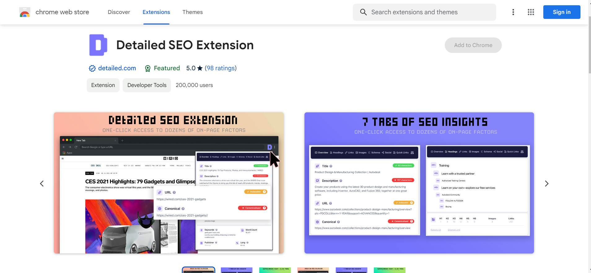 detailed seo extension, a free seo tool to analyse on-page seo elements