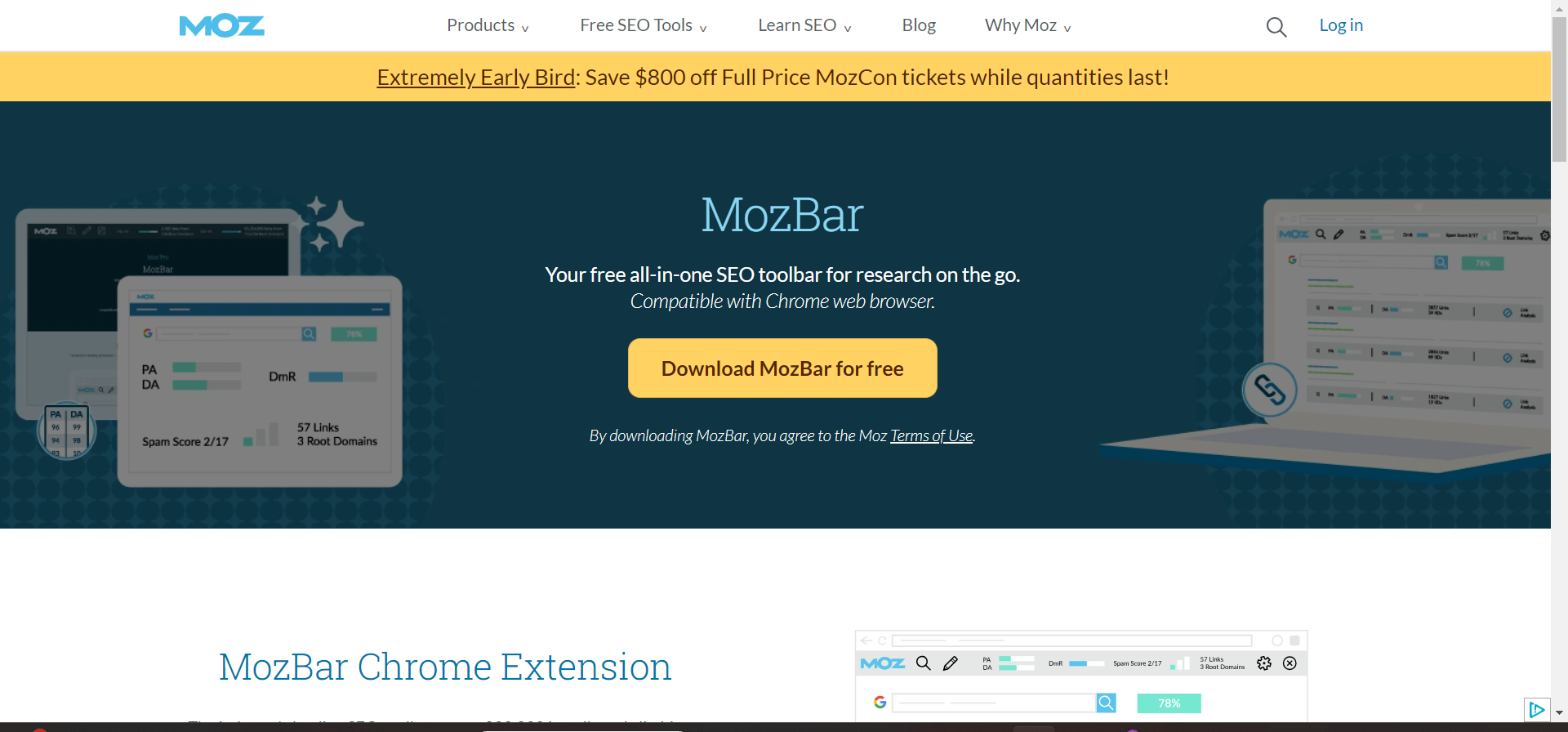 mozbar, the free seo tool is used to get insights into any webpage