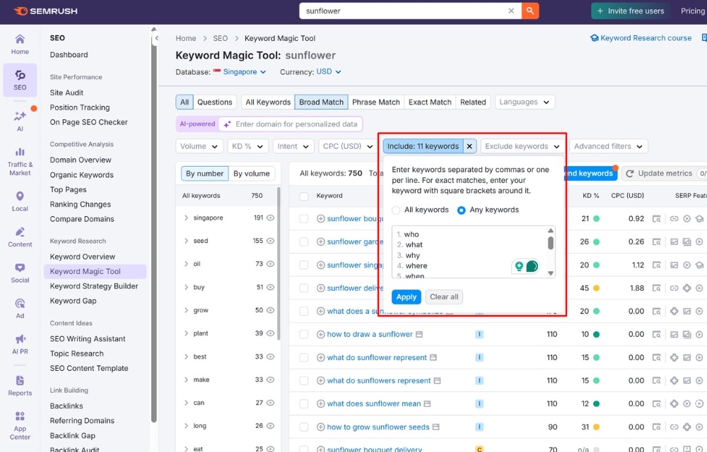 Semrush filter feature