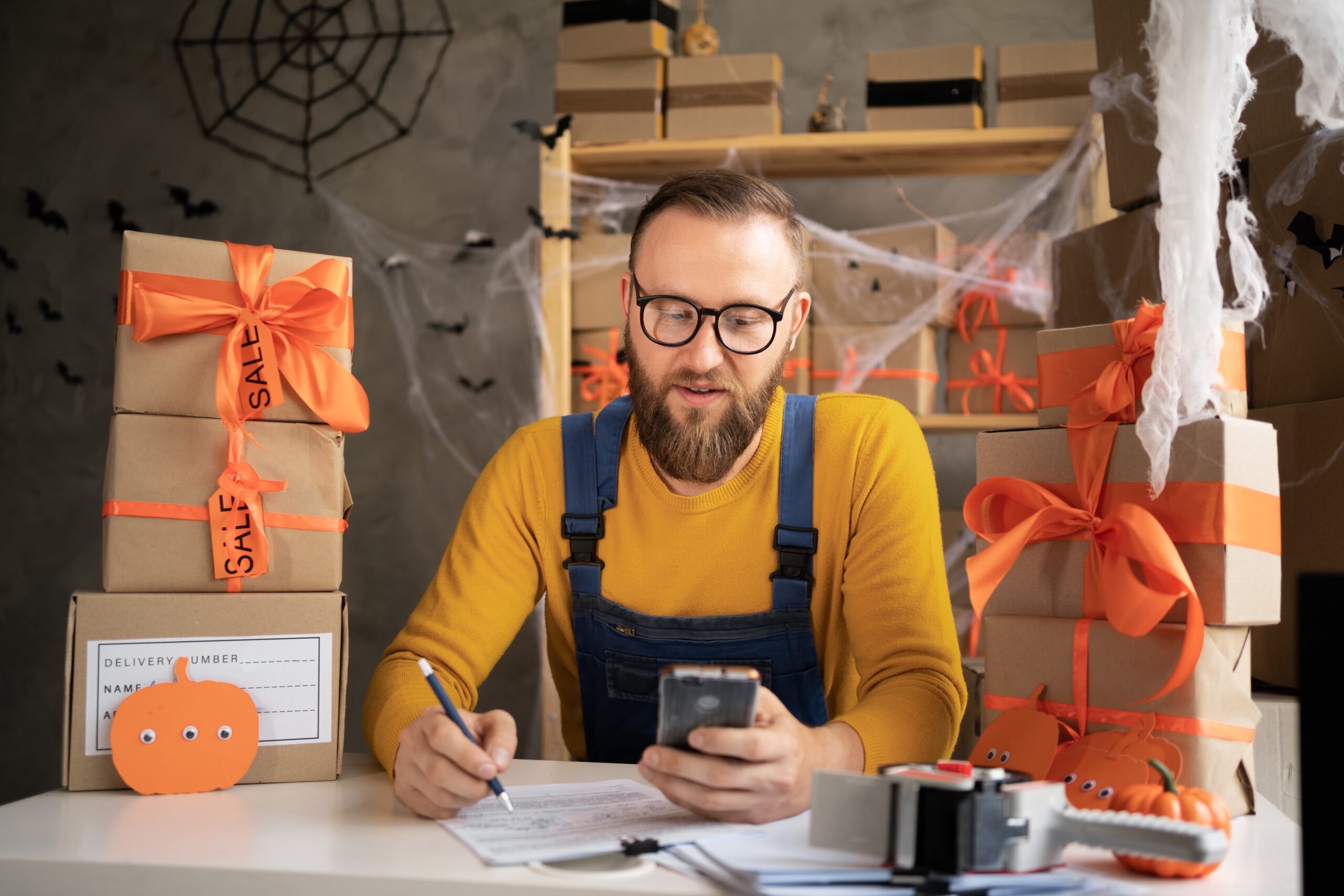 a businessman working on his halloween marketing idea