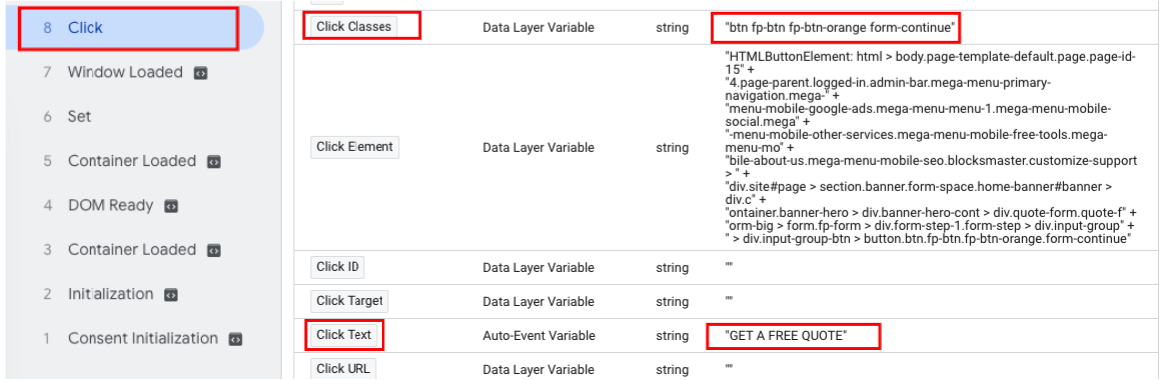 check click event variables in gtm preview mode