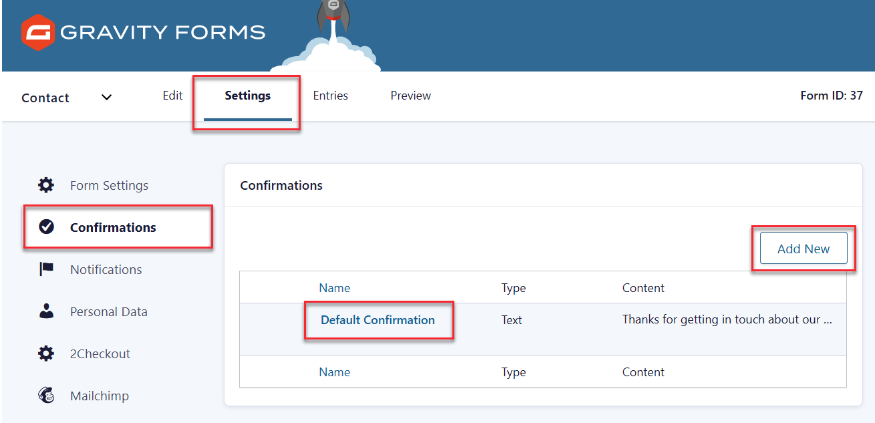 finding gravity form confirmation settings