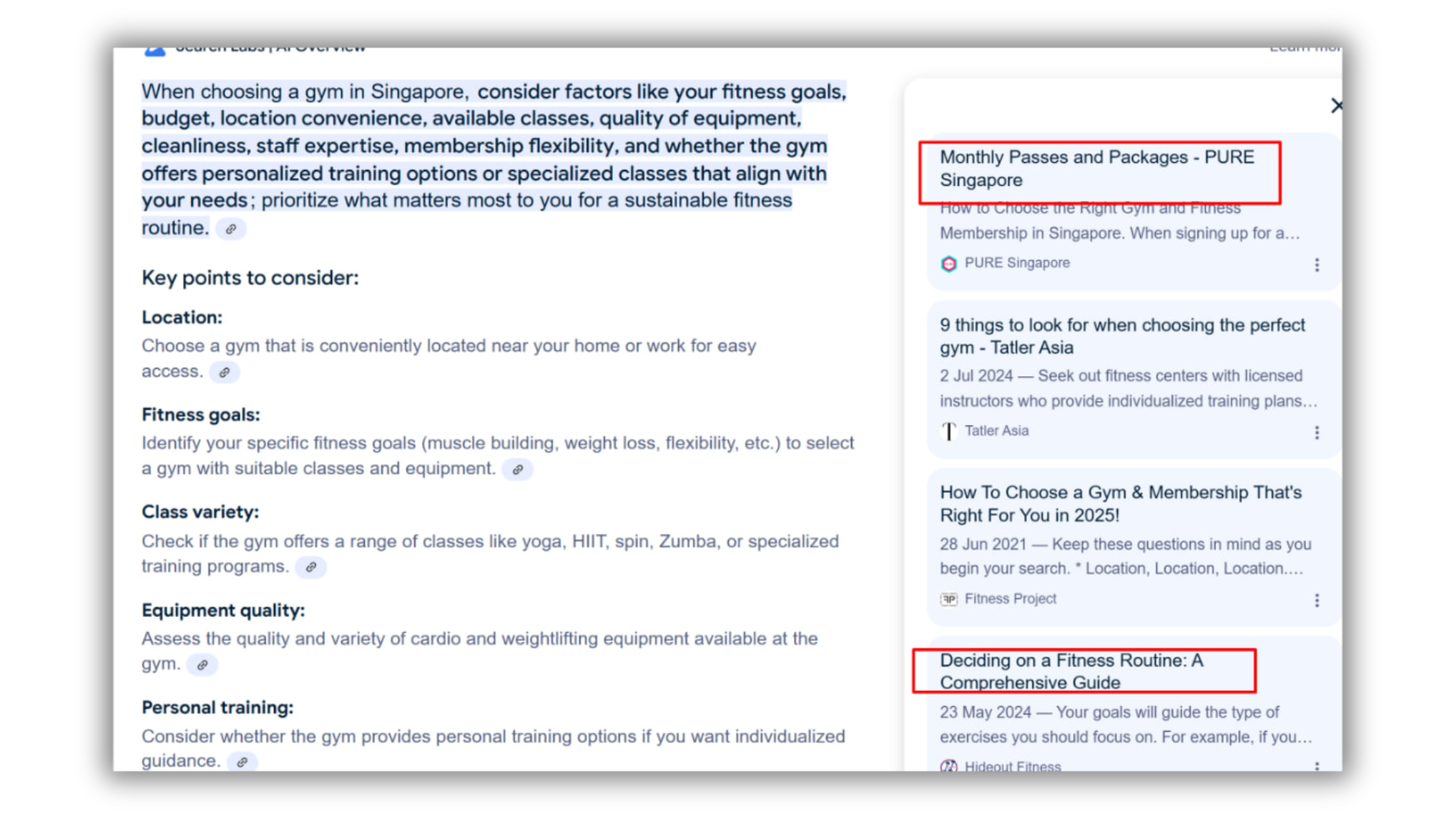 AIO for the query “how to choose the right gym in singapore” cited content with search intent that does not match that of the keyword.