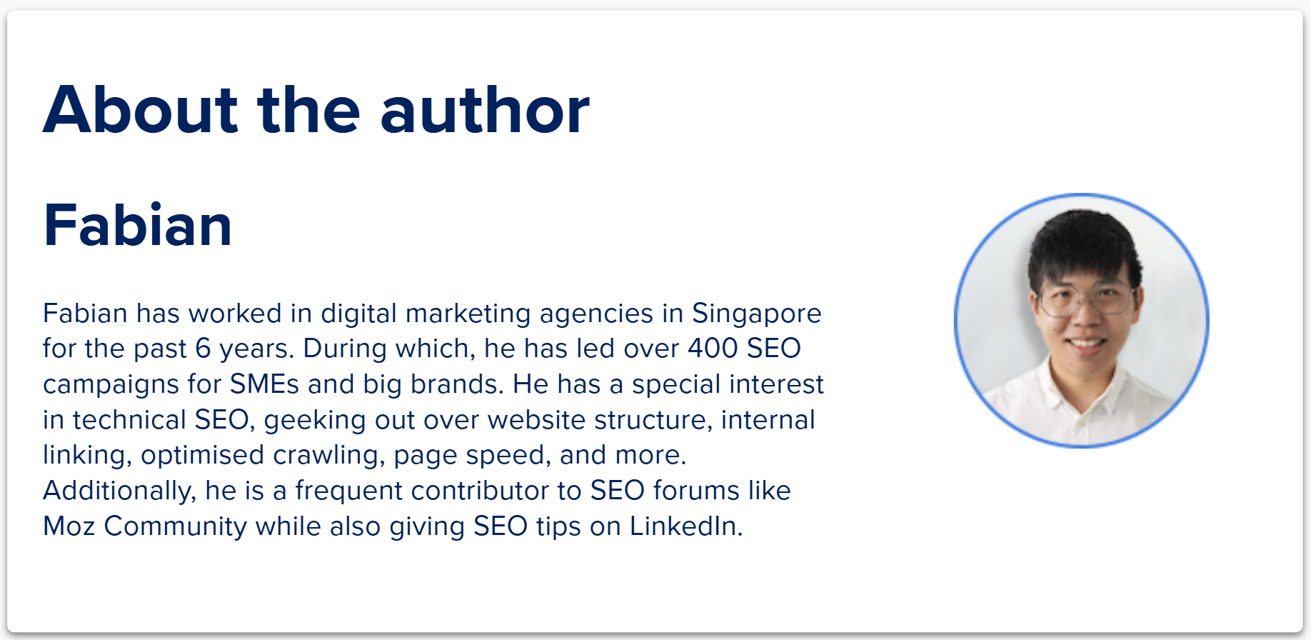 Author bio of First Page Singapore’s current SEO Director, Fabian Seow.