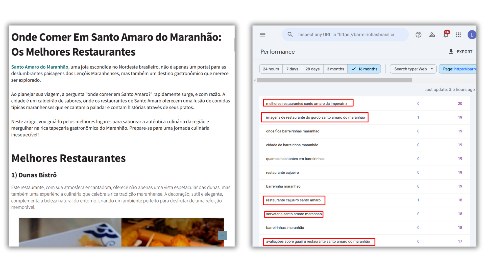 GSC query data in Brazilian Portuguese for a blog post on the places to eat. 