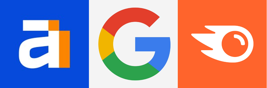 Logos of Ahrefs (left), Google (center), and Semrush (right)