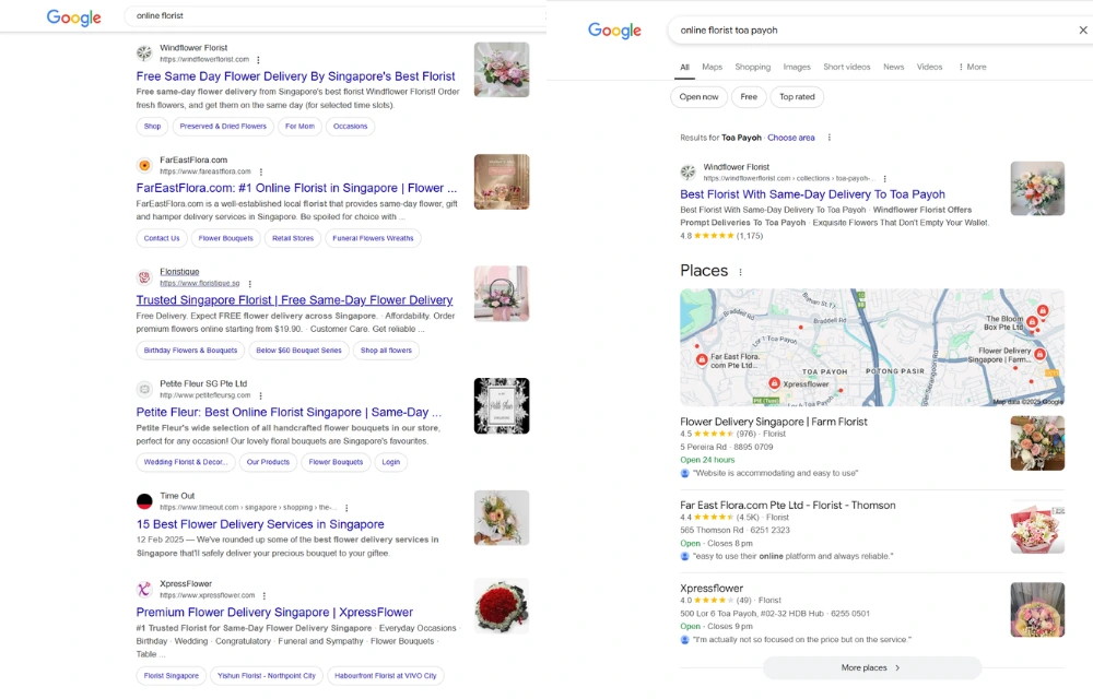 SERP for “online florist” and “online florist toa payoh”