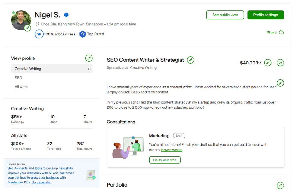 Upwork profile of freelancer Nigel Seah