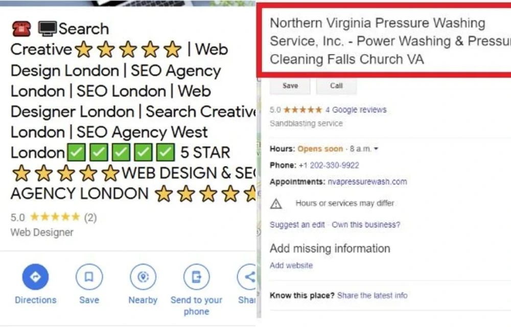 example of spammy GBP titles stuffed with keywords