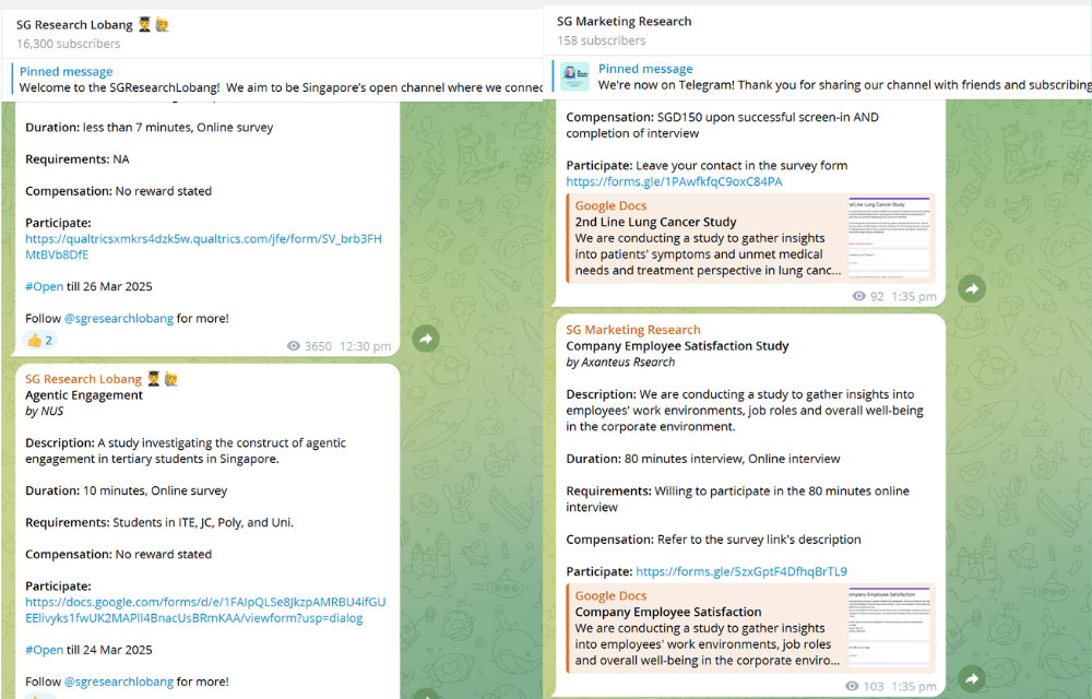 Research survey Telegram channels SG Marketing Research and SG Research Lobang