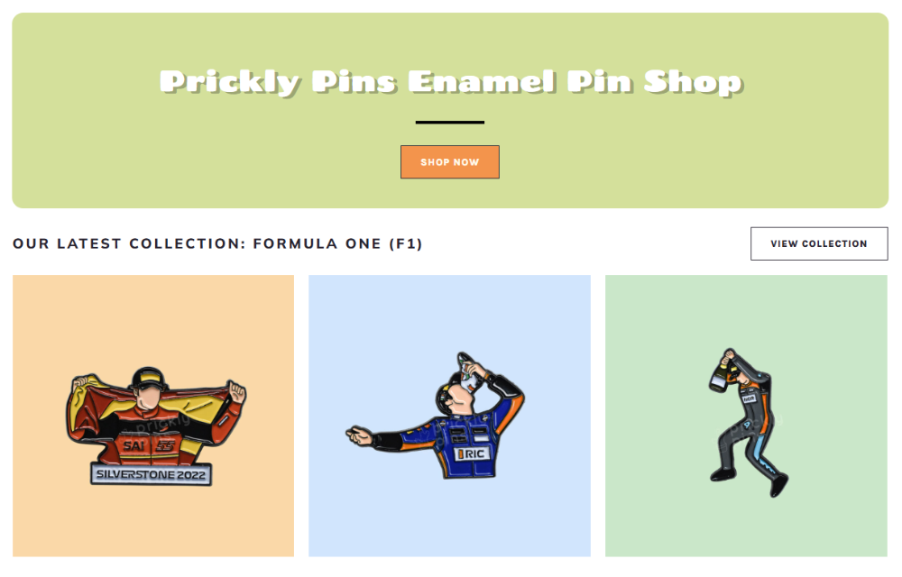 HOME PAGE OF PRICKLYPINS.COM, AN ONLINE ENAMEL PIN STORE IN SINGAPORE
