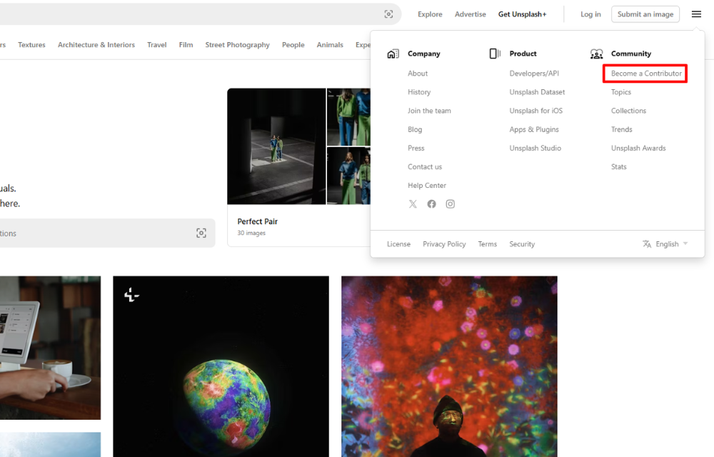 Option on unsplash.com to sign up as a photo contributor