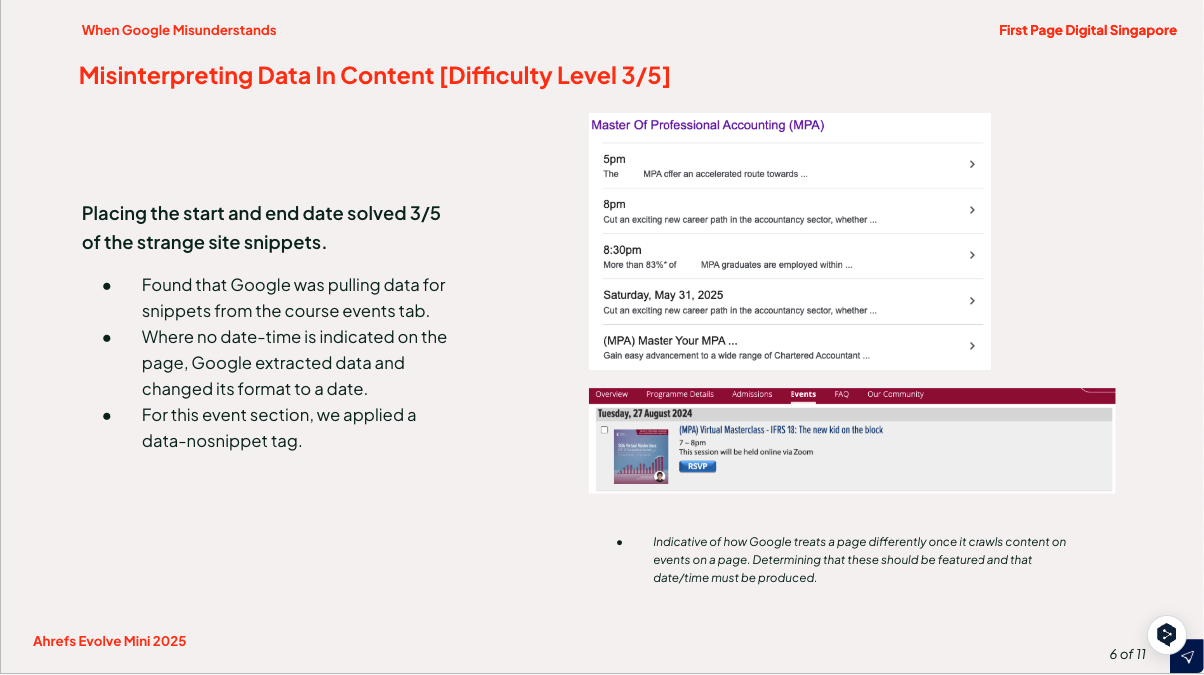 finding that timings came from evnet section and using data nosnippet tag on the area