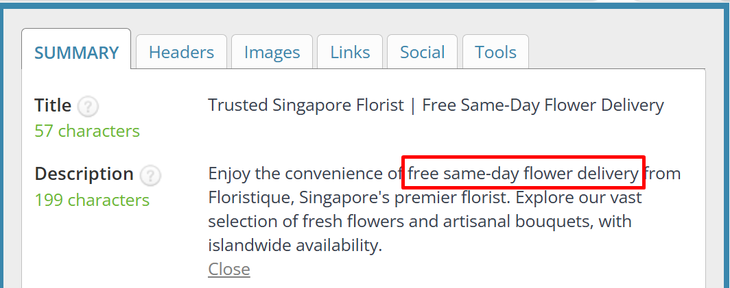 Metadata on Floristique’s homepage