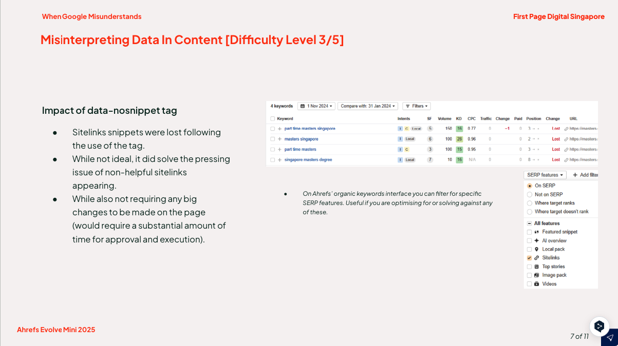 impact of data nosnippet tag