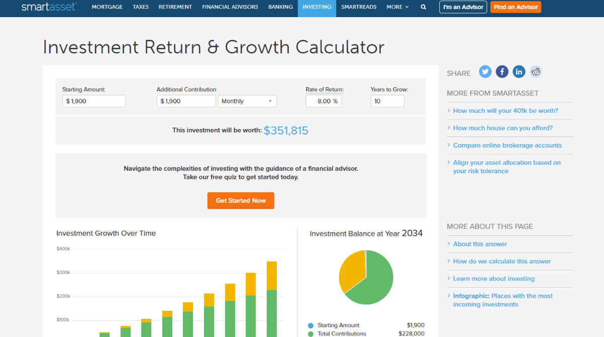 An investment growth calculator on SmartAsset’s site