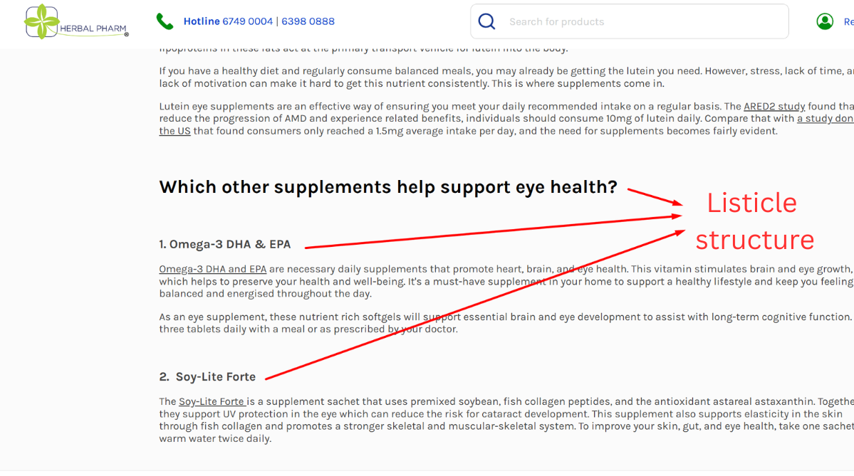 Listicle content on a product page