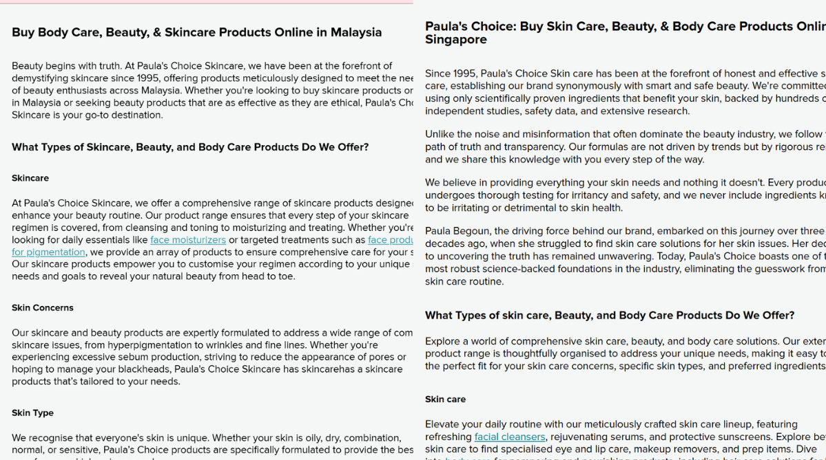 Localized content on local sites of international e-commerce brand, Paula’s Choice