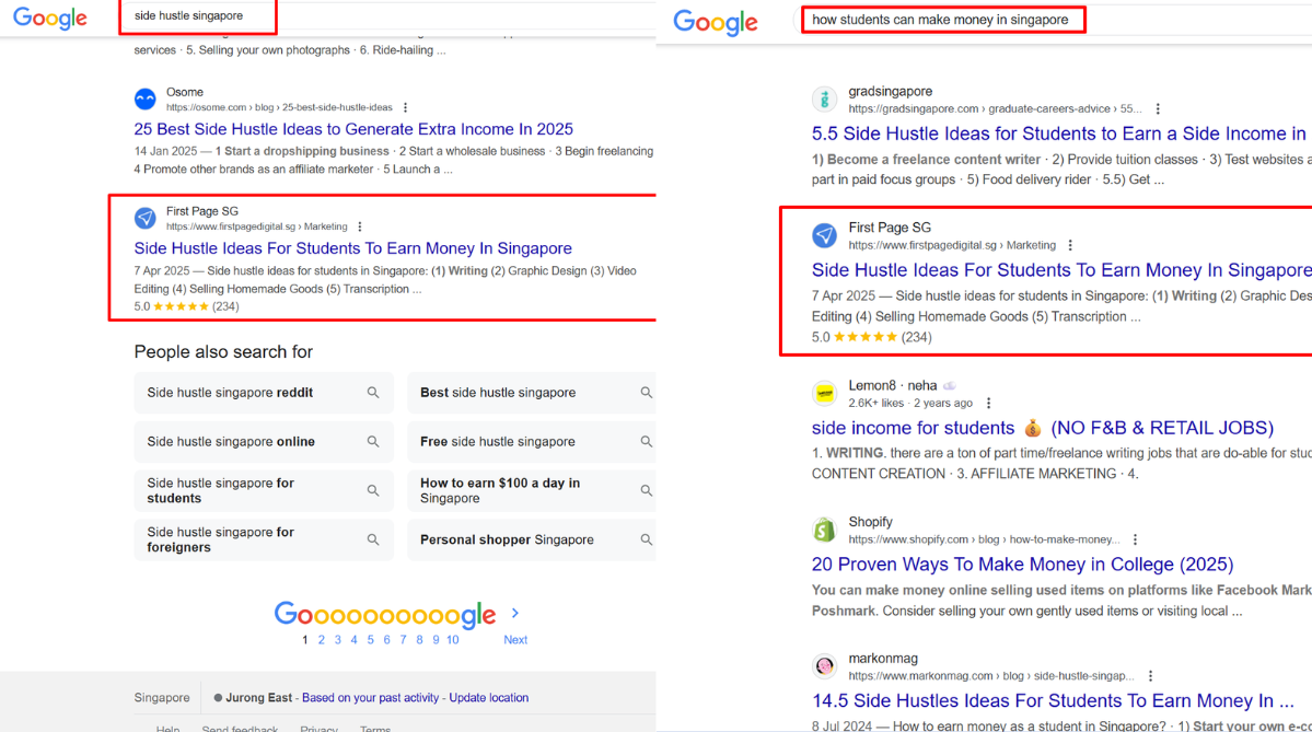 An article ranking on the SERPs of “side hustle Singapore” and “how students can make money in Singapore”