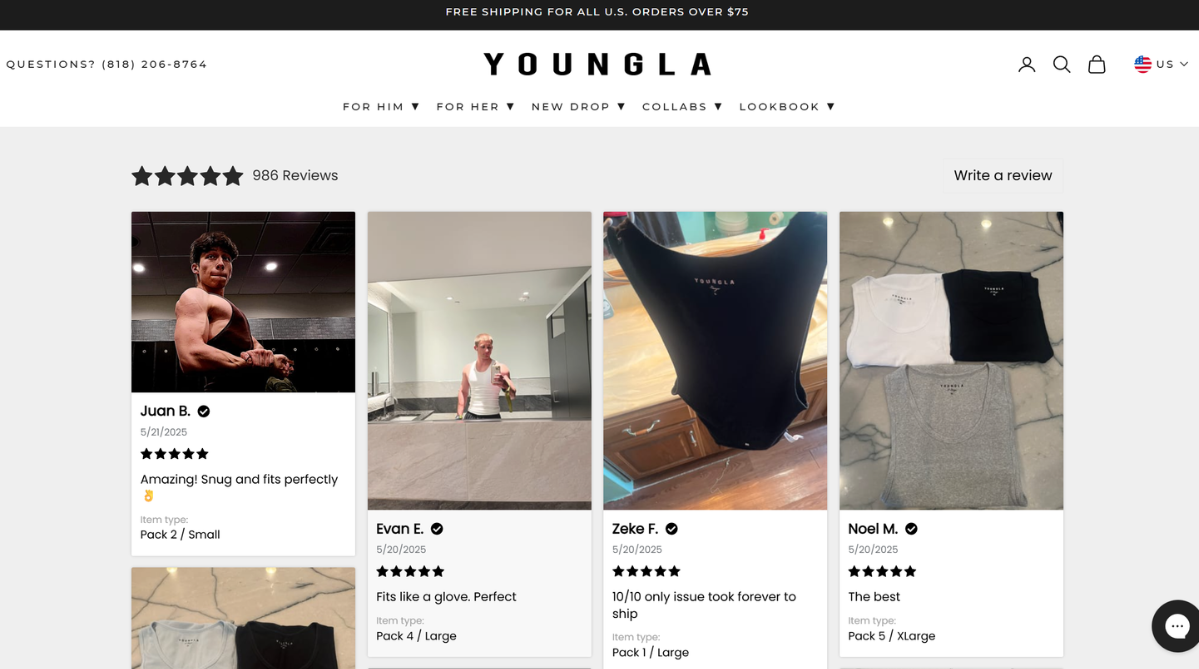 Social proof by users embedded at the bottom of a collections page on American lifestyle clothing brand, YoungLA