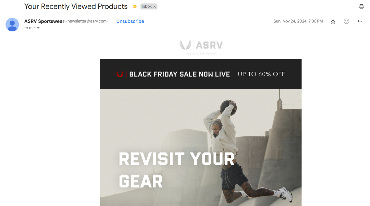 Email from premium activewear brand ASRV