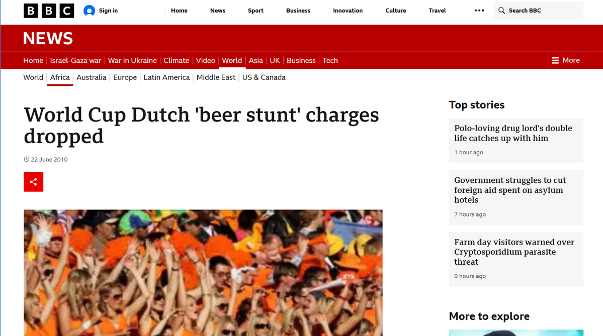 BBC news article on Bavaria Beer company’s ambush marketing stunt