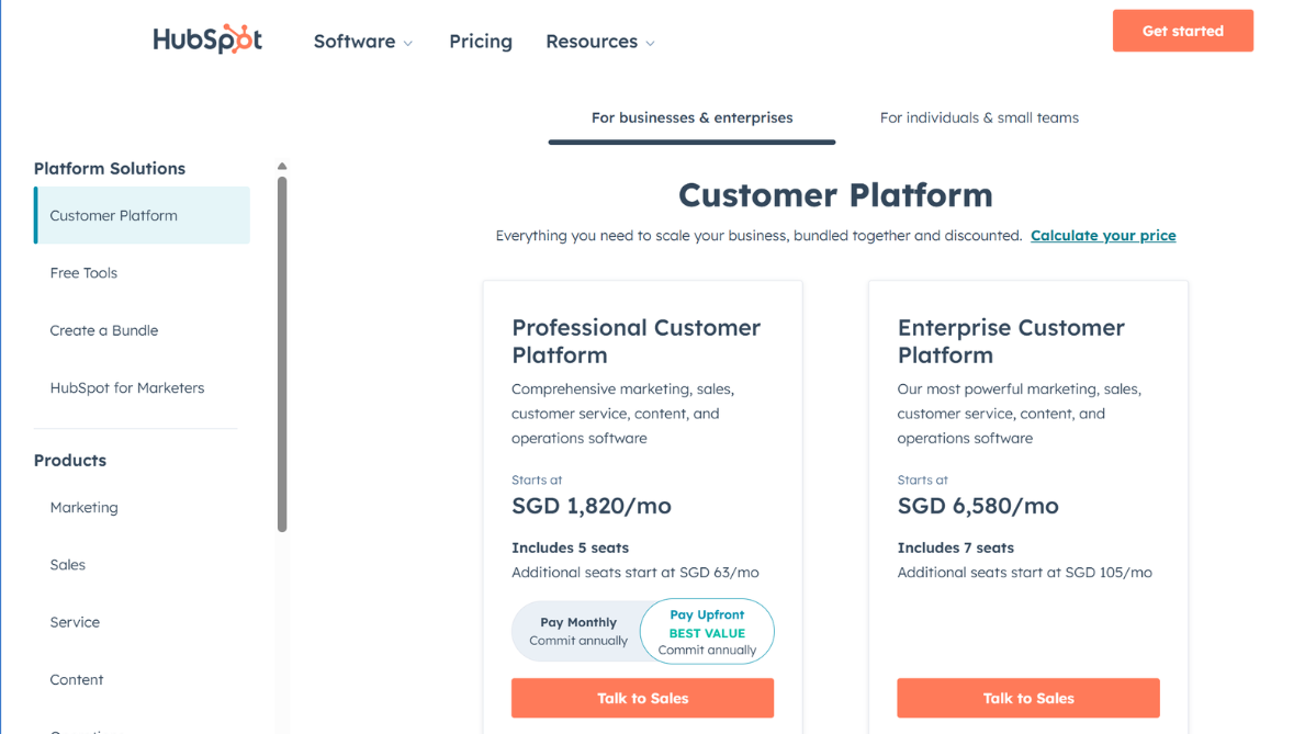 Hubspot pricing page