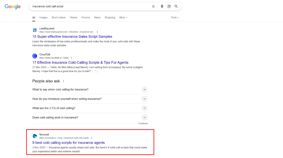 An article I wrote for Novocall ranking 3rd for the keyword “insurance cold call script”