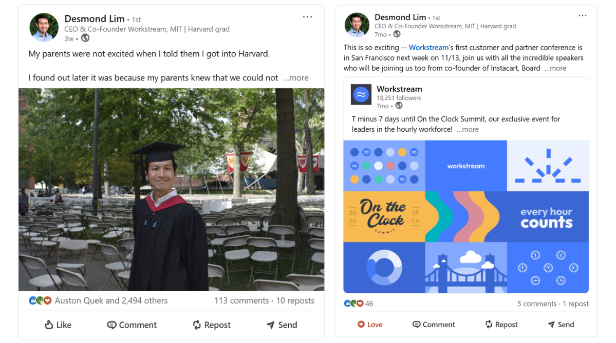 LinkedIn posts of Workstream CEO and Co-Founder, Desmond Lim