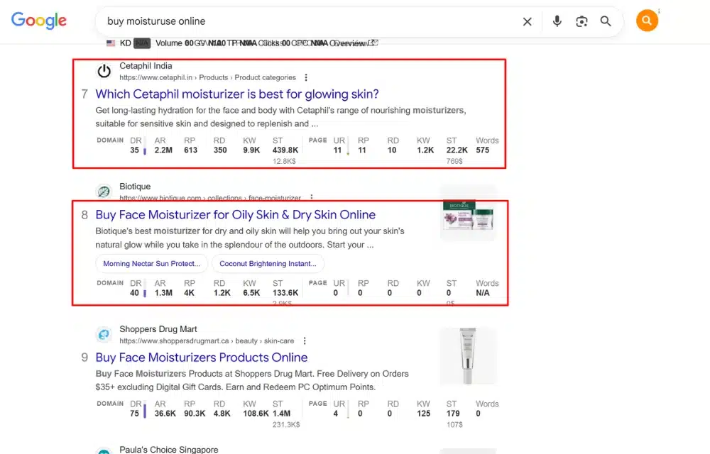 SERP of an e-commerce keyword with mixed results