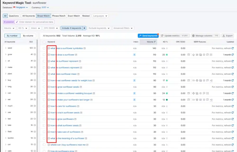 Semrush’s keyword filter feature