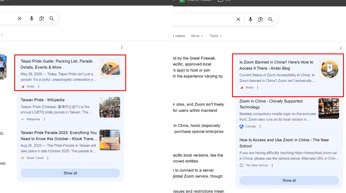 The blog content Nigel and Writing Wildly wrote for Airalo being cited in AIOs.