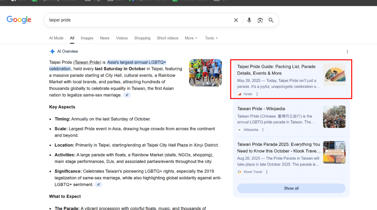 Writing Wildly’s client, Airalo, being cited by Google’s AI Overviews for a competitive keyword, “Taipei Pride”