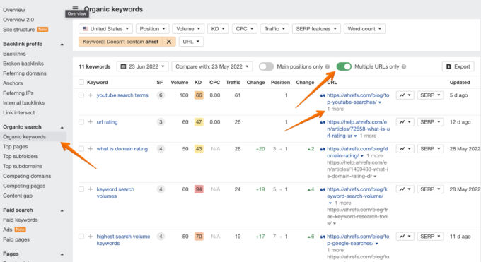Ahrefs cannibalization detector