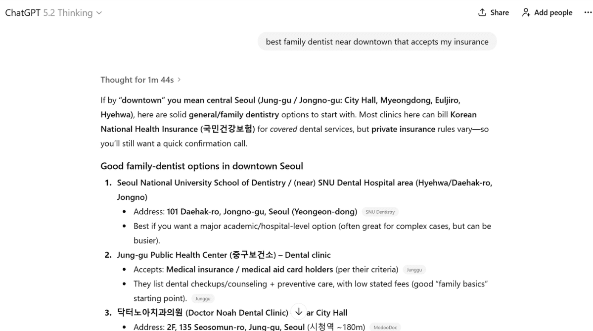ChatGPT response to “best family dentist near downtown that accepts my insurance”