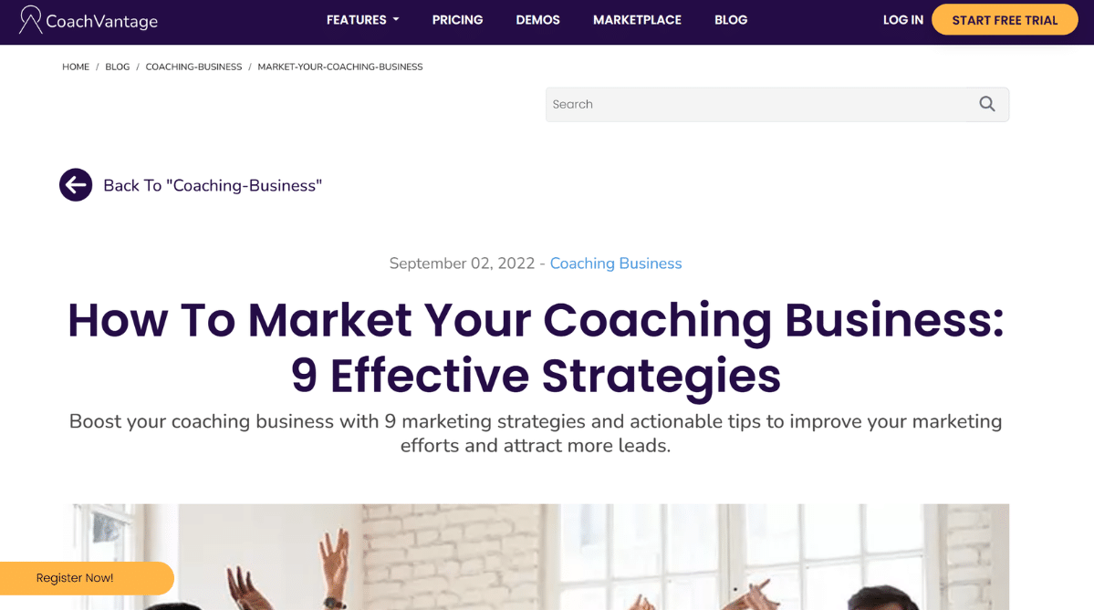 Blog post on Coachvantage blog on how to market your coaching business