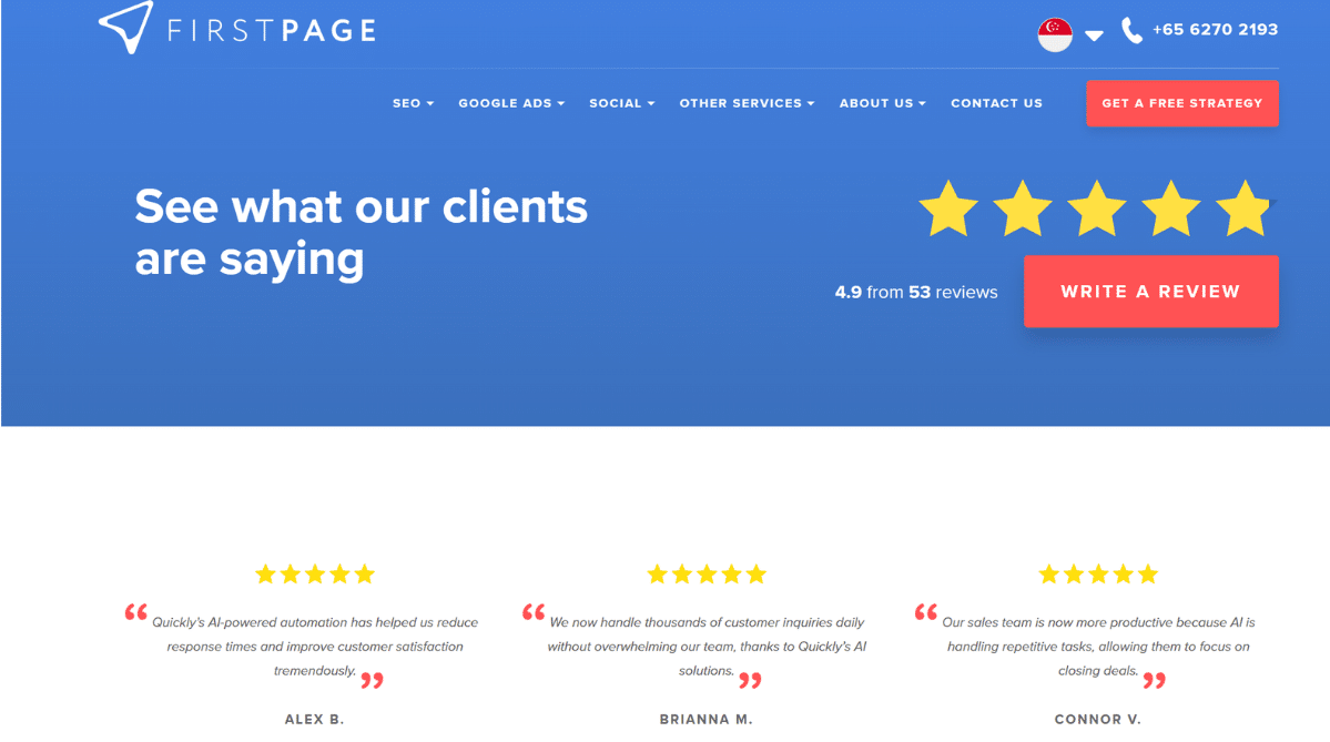 Review page on the First Page Digital Singapore site.