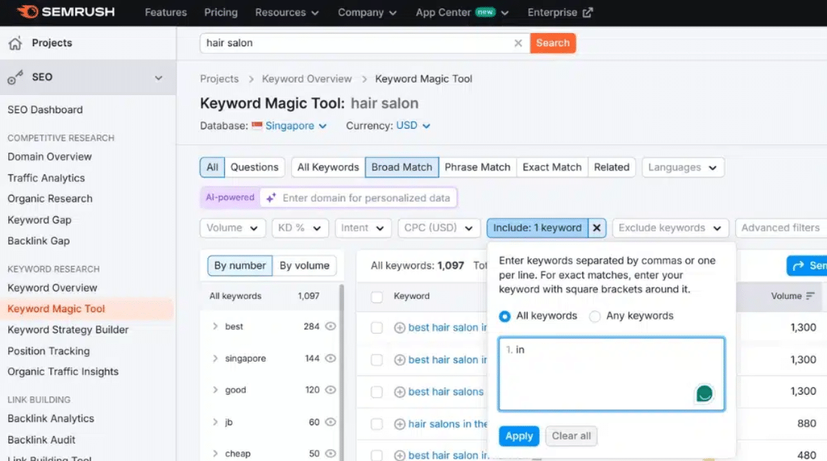 Semrush keyword filters