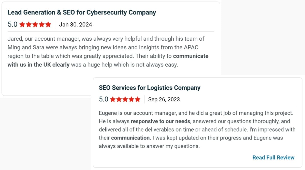 Client reviews praising First Page Digital Singapore for having good communication