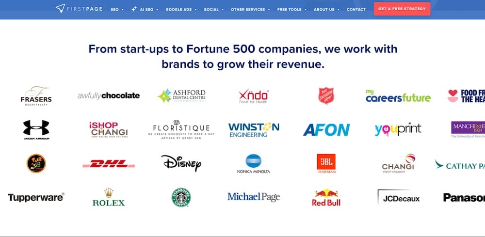 Alt text: Logos of clients First Page Digital Singapore has worked with