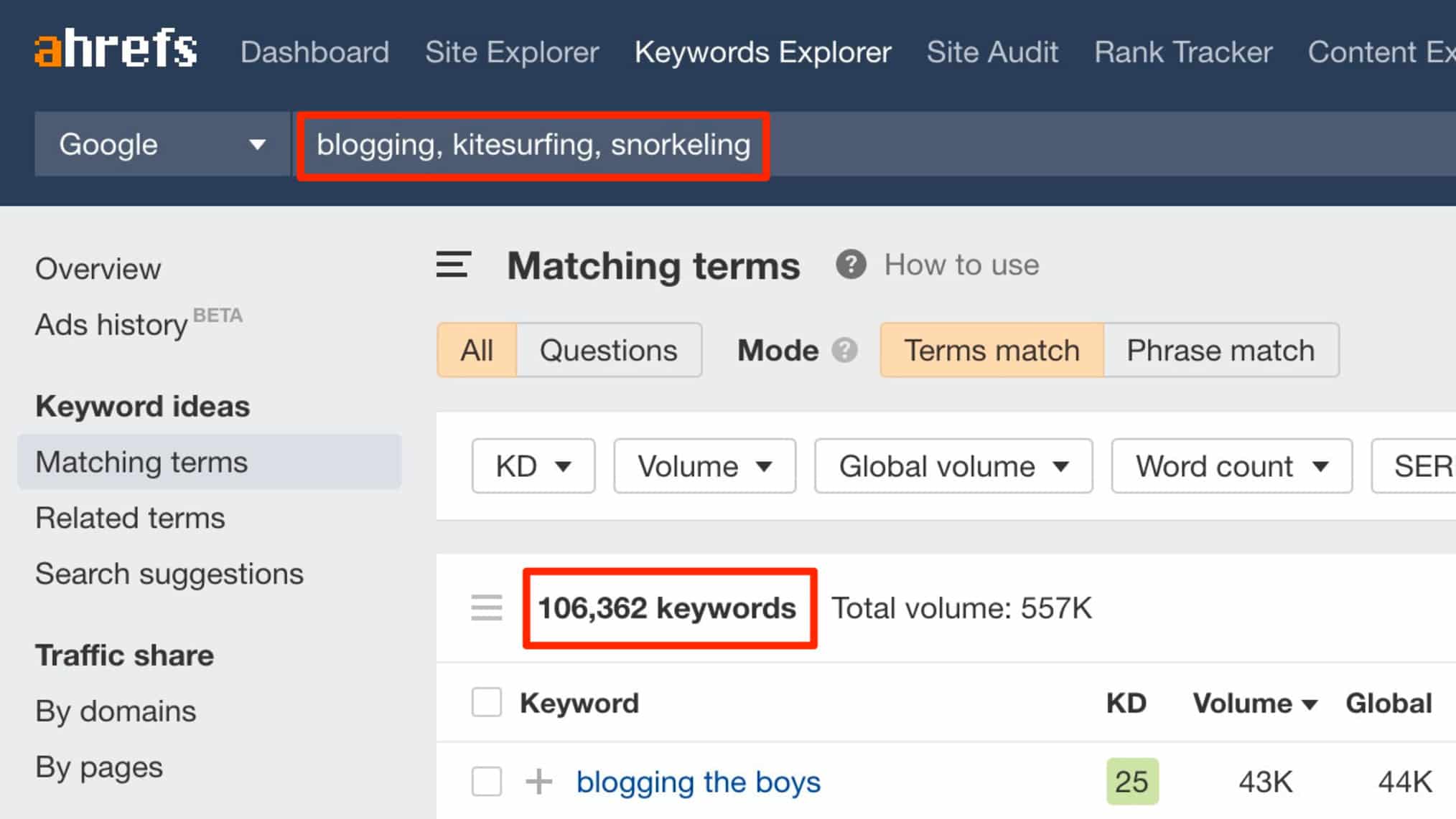Ahrefs Keywords Explorer Matching Terms report for seed keywords "blogging, kitesurfing, snorkeling" returning 106,362 keywords with a total volume of 557K