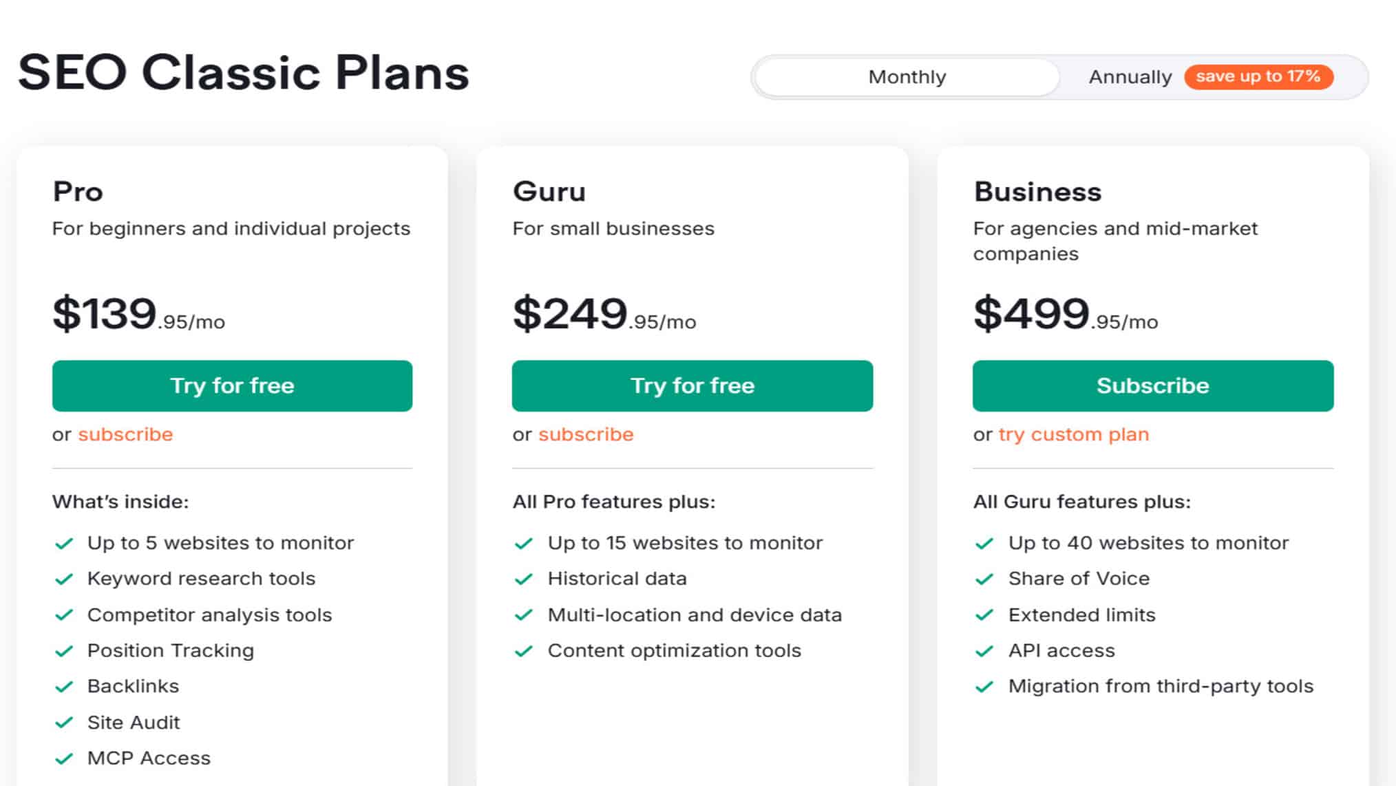 Semrush SEO Classic pricing plans showing Pro at $139.95/mo, Guru at $249.95/mo, and Business at $499.95/mo with included features for each plan