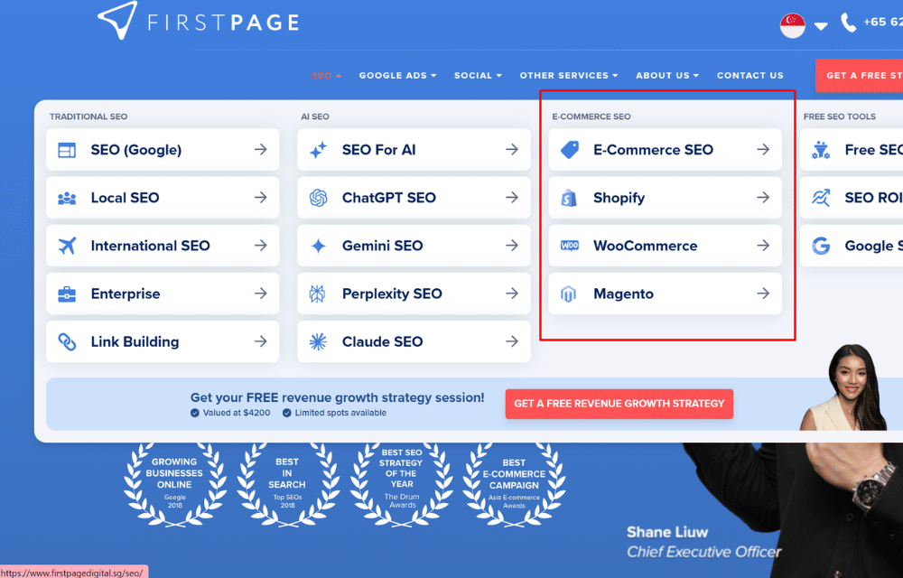 First Page Digital Singapore’s e-commerce SEO services listed in their website’s navigation menu