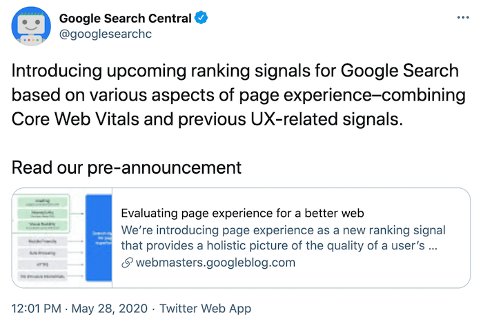Google Search Central tweet confirming Core Web Vitals as part of Google ranking signals under Page Experience update