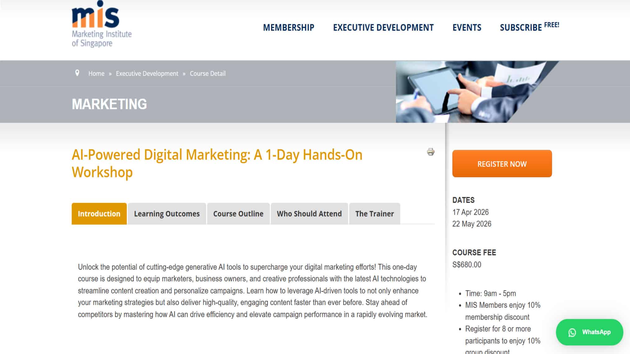 Screenshot of the Marketing Institute of Singapore course page for AI-Powered Digital Marketin.