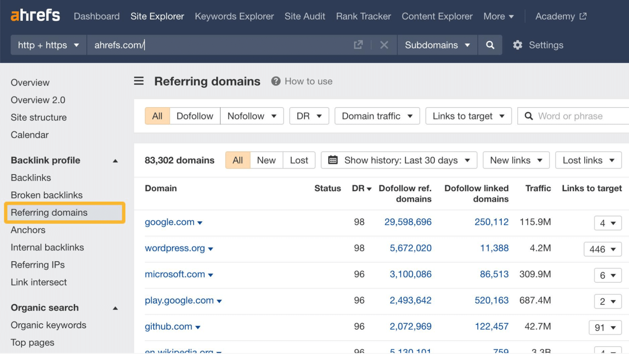 Referring domains report showing domain authority, traffic, and backlink quality metrics