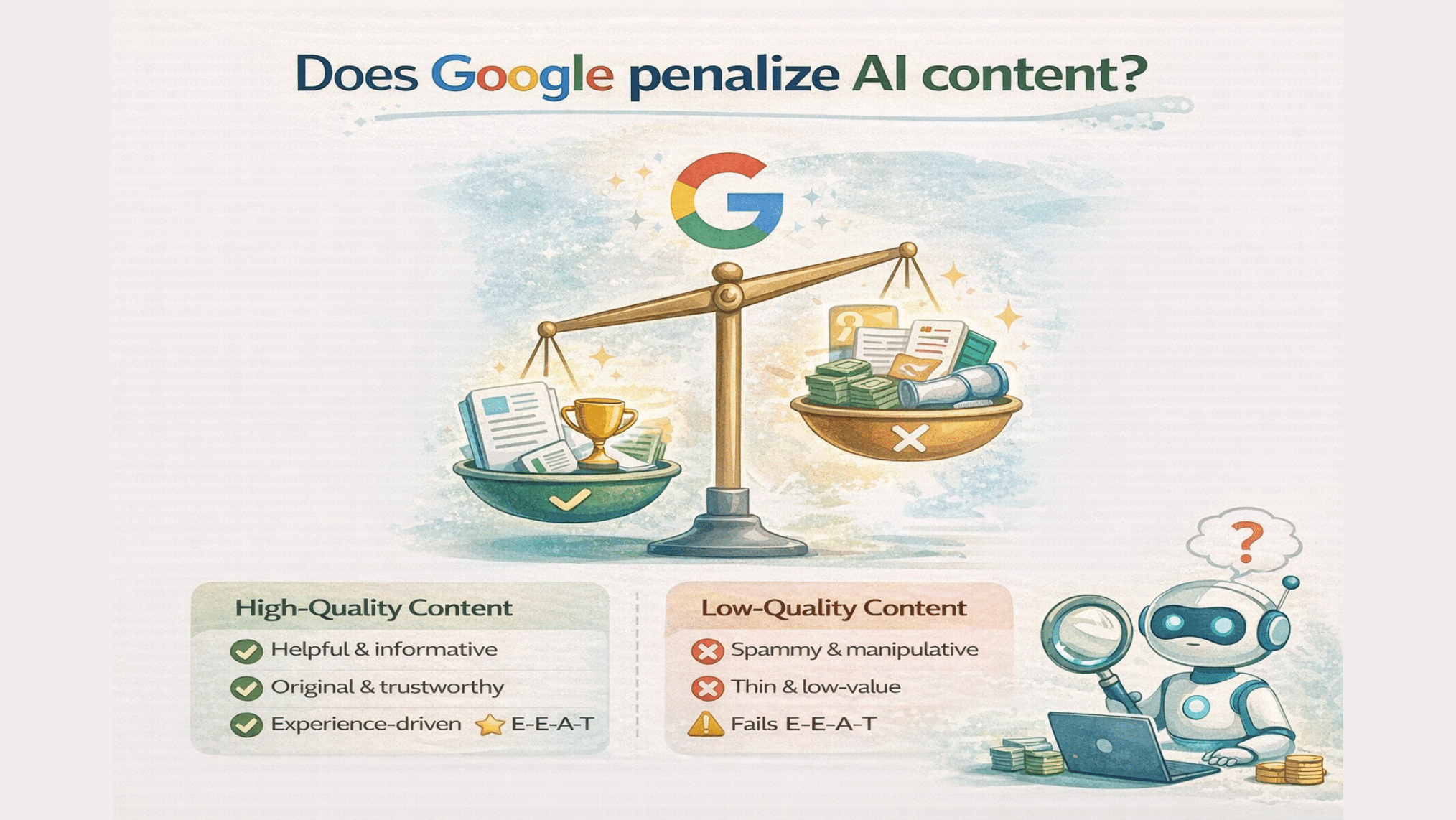 Google does not penalize AI content but prioritizes high-quality content over low-quality or spammy content