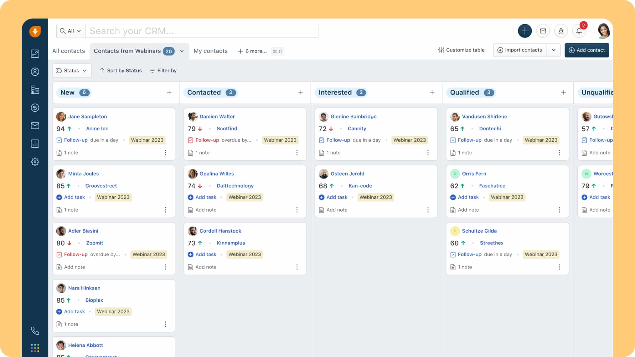 Screenshot of the Freshsales CRM contacts kanban board.
