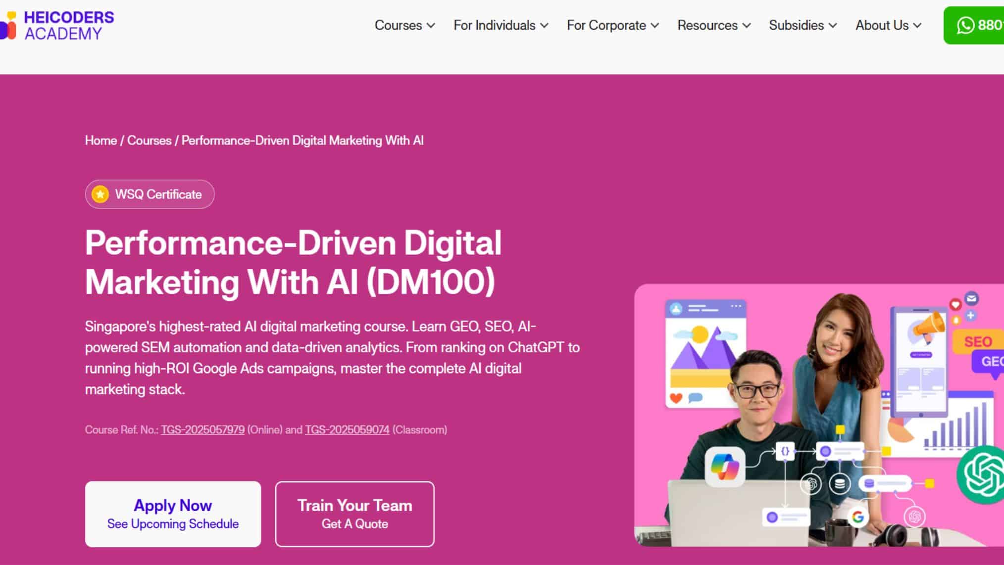 Screenshot of the Heicoders Academy course page for Performance-Driven Digital Marketing With AI.